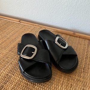 Topshop Black Chunky Western Silver Buckle Slides Sandals Slip On Shoes
